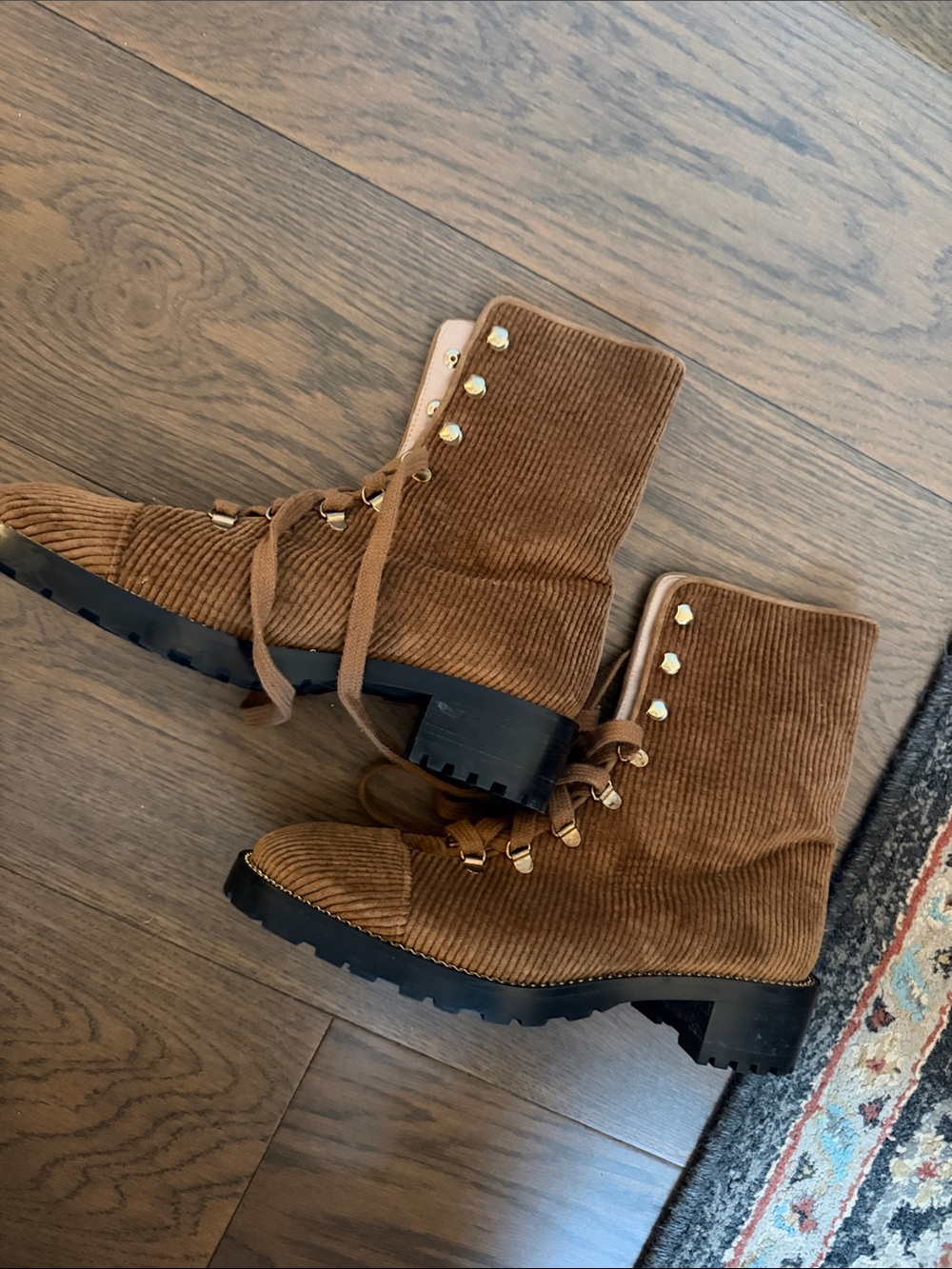 Stuart Weitzman Brown Corduroy Lace-Up Combat Boots